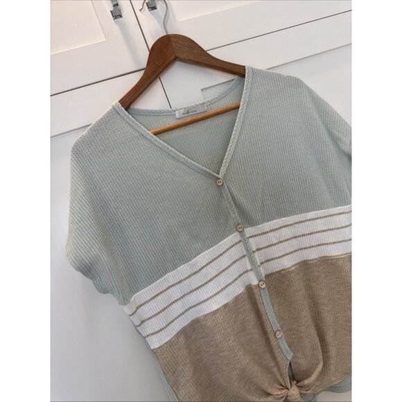 Waffle Button Front Top Blouse Womens Small Tie Front - Picture 3 of 8